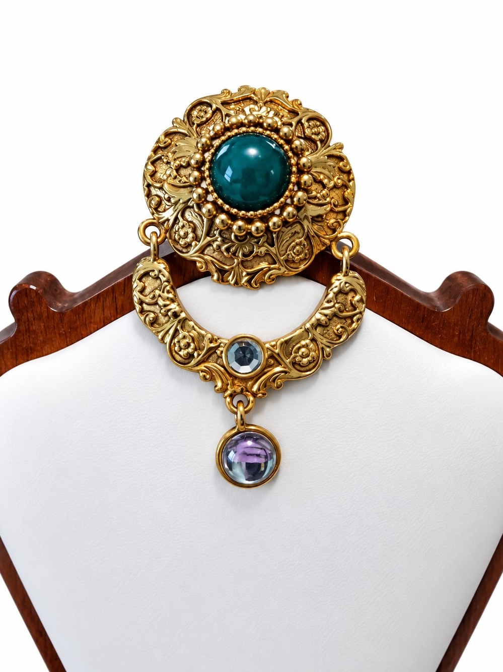 Vintage-Inspired Gold Brooch with Green Cabochon And Clear Crystal Drop